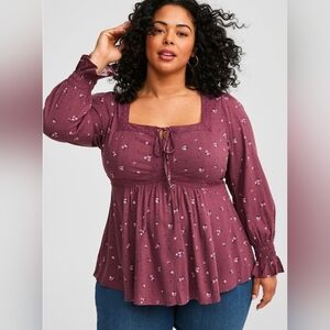 Torrid purple floral Babydoll Rayon Lace Trim Long Sleeve Top size 2x